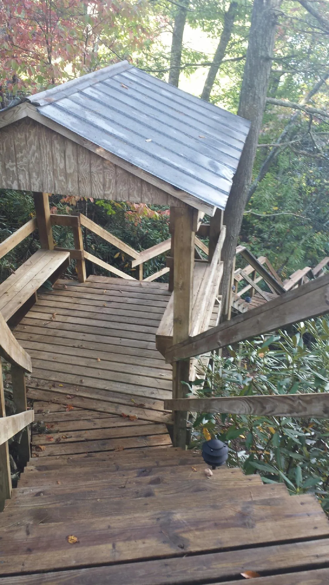 Metal roofed shelter over wooden steps on a wooded walkway — Skylight Repair & Installation work by our crew in Winder